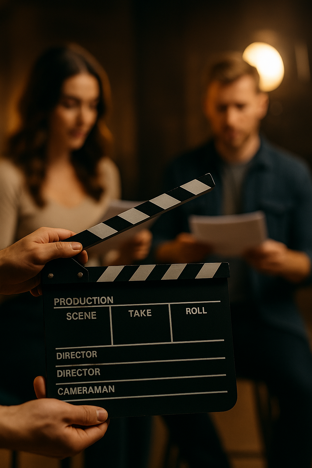 Primo piano di un ciak con, sullo sfondo, attori che provano una scena.