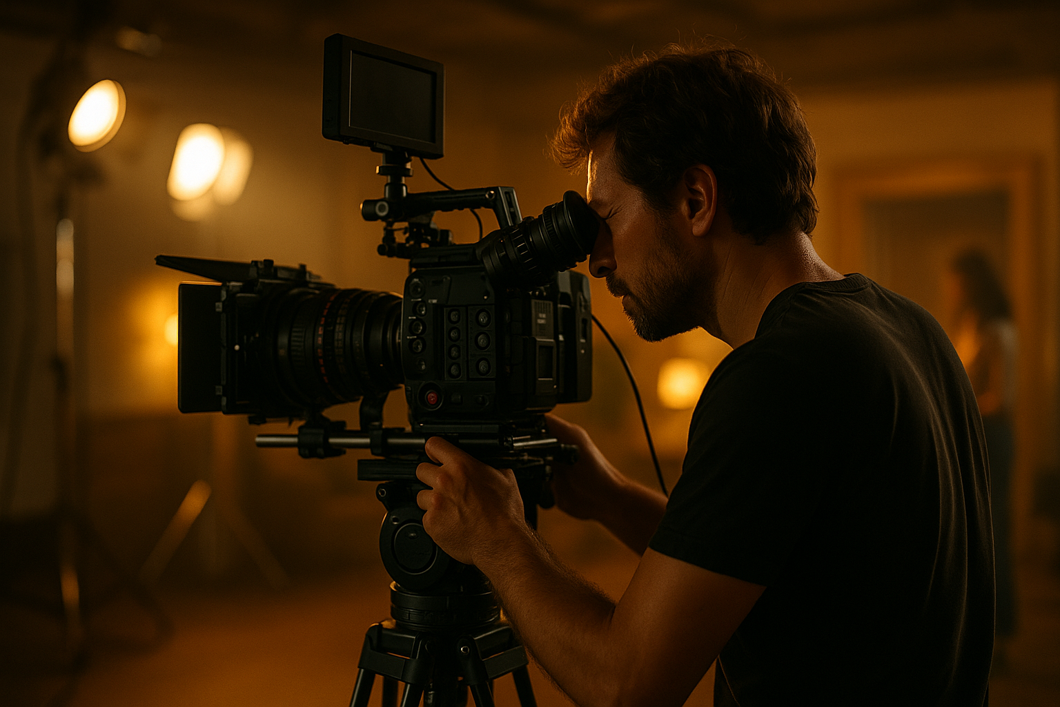 Operatore con cinepresa professionale mentre inquadra una scena su un set illuminato.