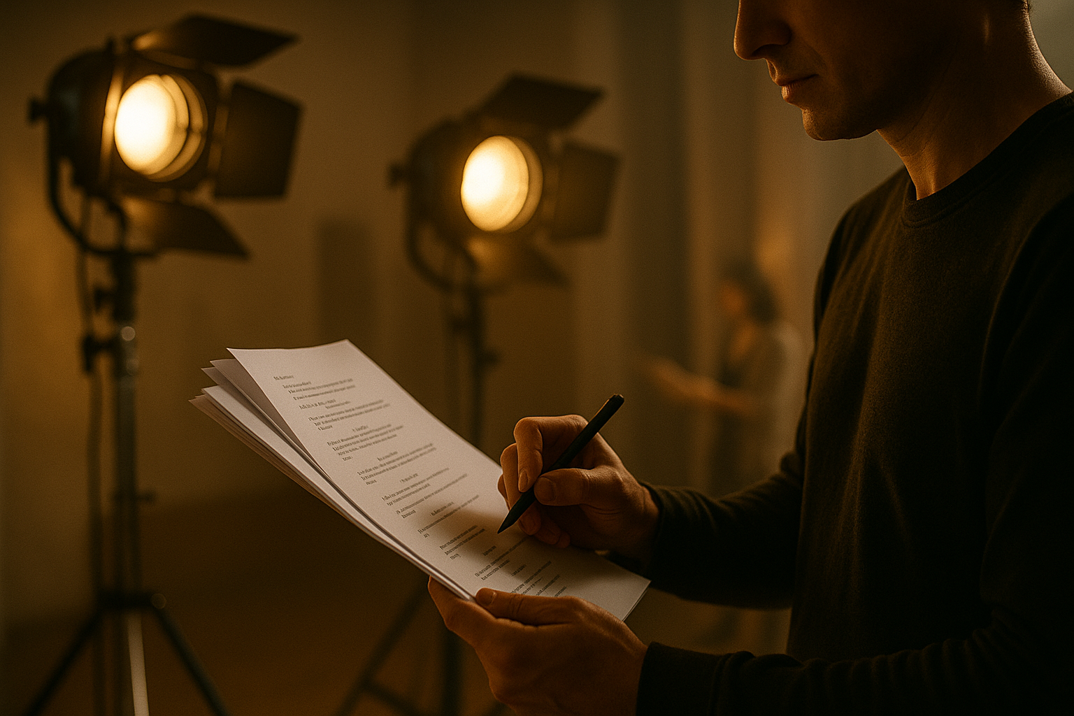 Luci cinematografiche e una persona che legge o annota un copione.
